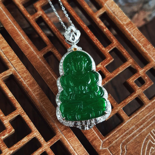【天然正品】A货翡翠AU750收藏级白金豪镶钻镶天然细腻满绿冰种观音造型翡翠吊坠项链40.0*20.0*9.4MM（皆取最大值）260326NJS15 商品图4