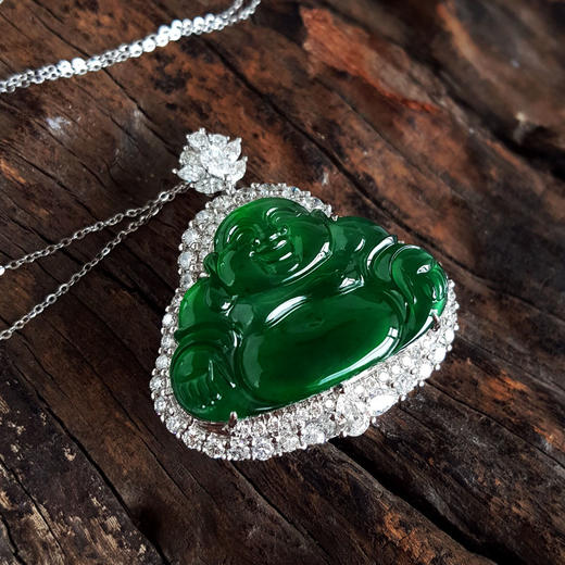 【天然正品】A货翡翠AU750收藏级白金豪镶钻镶天然细腻满绿冰种佛公造型翡翠吊坠项链37.1*34.1*12.1MM（皆取最大值）260326NJS16 商品图3