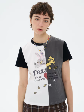 local tag/lt26ssk23/德州巴黎 复古印花拼接T 全棉撞色正肩修身短袖