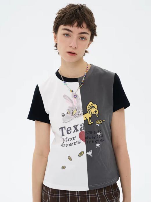 local tag/lt26ssk23/德州巴黎 复古印花拼接T 全棉撞色正肩修身短袖 商品图0