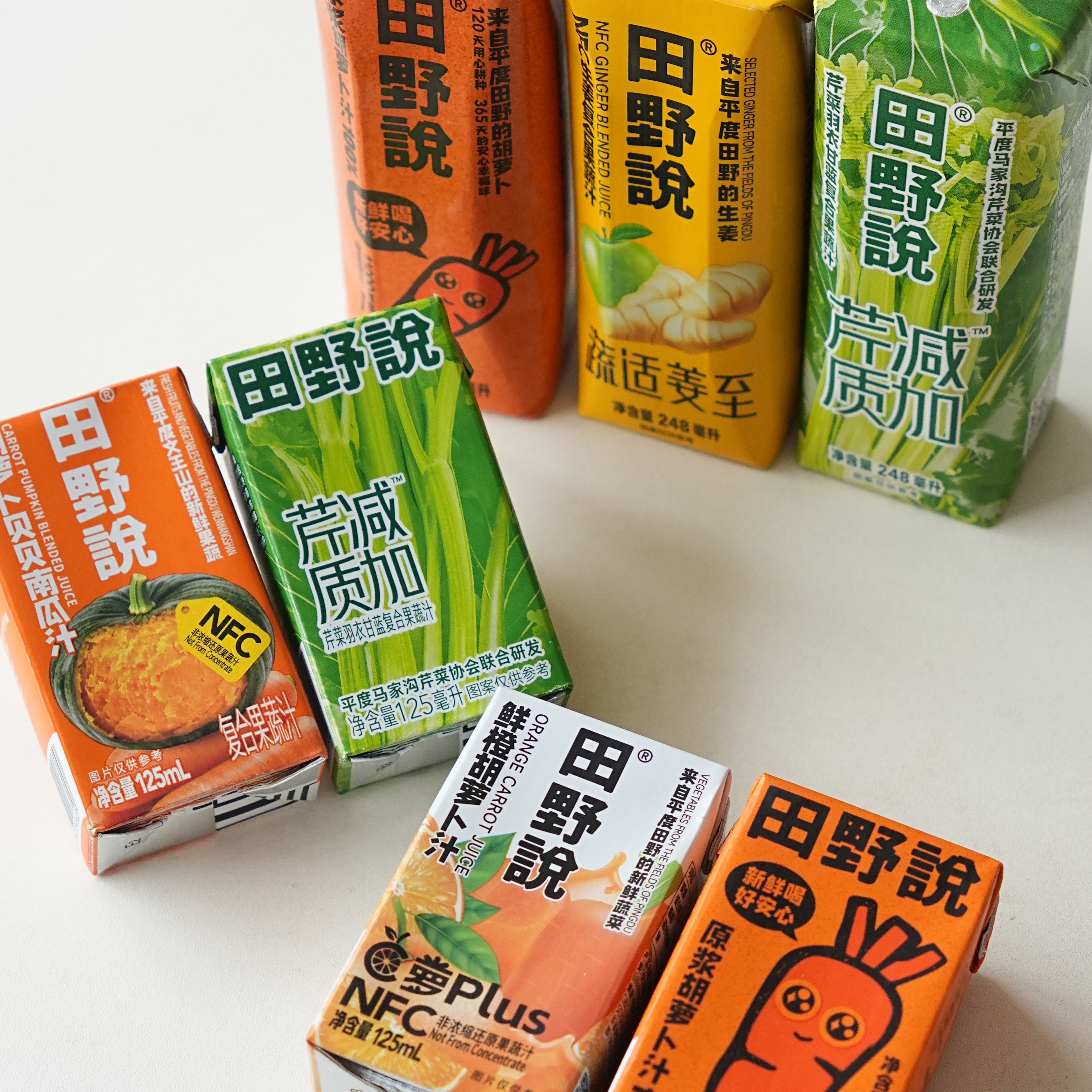 【斌哥优选】田野说果汁全系列。胡萝卜汁、芹菜羽衣甘蓝、生姜、鲜橙胡萝卜、贝贝南瓜。鲜榨技术，每一口都新鲜如初。