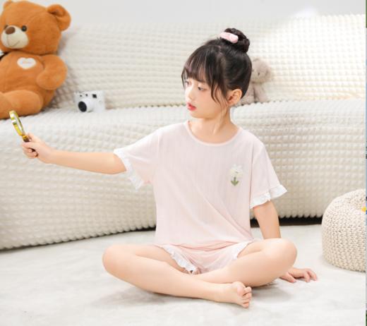 【7.5折新品特惠】【秀黛】女童圆领软萌短袖套装混纺轻盈透气撞色花边田园小淑女儿童睡衣家居服W2440003T【门店同款】 商品图2