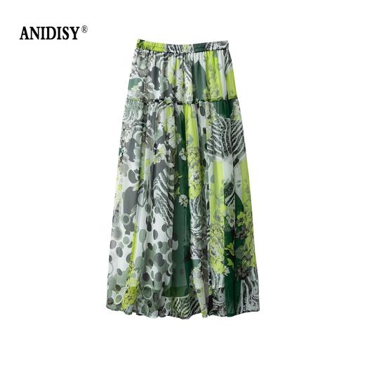 真丝绿底印花高腰松紧腰宽松半身裙 商品图4