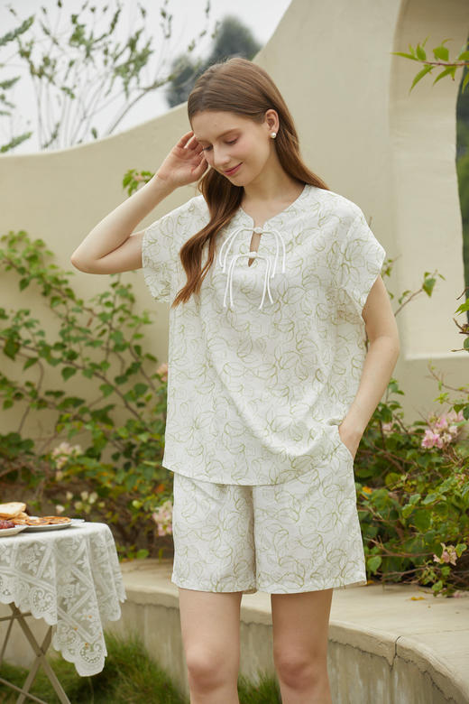 【单件6折/2件5折】【秀黛】女国风盘扣印花短袖套装女士夏季短袖睡衣家居服ML554013T【门店同款】 商品图5