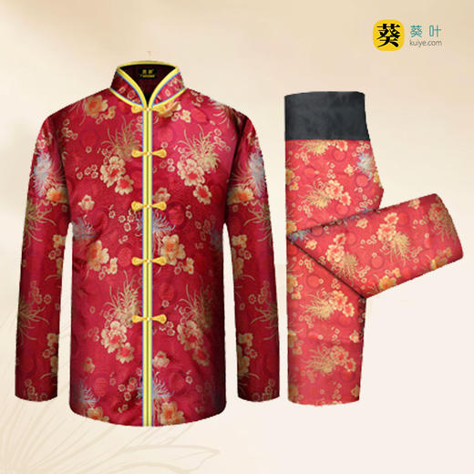 女士薄款织锦唐装枣红菊花6件套寿衣寿服套装 商品图1