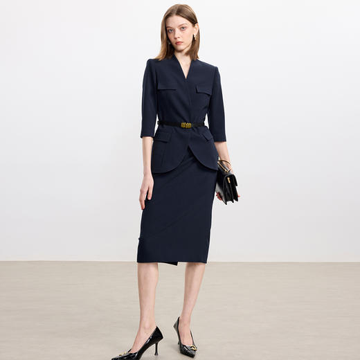 IWY/工装通勤藏蓝色职业套装女七分袖职场办公商务工装藏青色套装套裙CS2340 商品图0