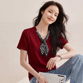 「自j」全新升级【铂金会员119/天猫159/差价40】(03124)洛诗琳高级感藏青色丝巾T恤2026夏季新款修身收腰短袖上衣