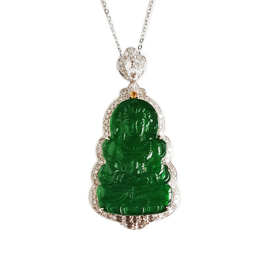 【天然正品】A货翡翠AU750收藏级白金豪镶钻镶天然细腻满绿冰种观音造型翡翠吊坠项链40.0*20.0*9.4MM（皆取最大值）260326NJS15