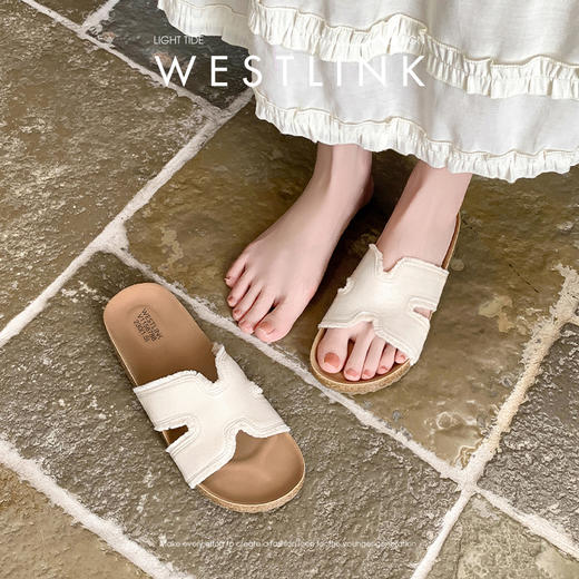 西遇厚底一字拖女2026夏季新款时尚百搭休闲流苏沙滩勃肯凉拖鞋女V0066411 商品图2