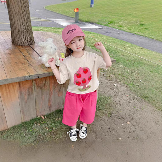 童洛萌女童夏季纯棉短袖套装t恤阔腿休闲工装裤时尚洋气两件套100-160 商品图3