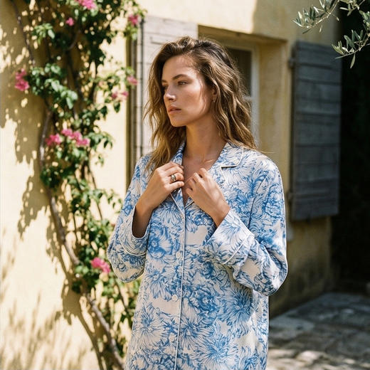 【岚风入梦bleu et blanc】soie jardin3#蓝牡丹蓝色印花桑蚕丝女睡衣套装两件套桑蚕丝家居服S322TC 商品图6