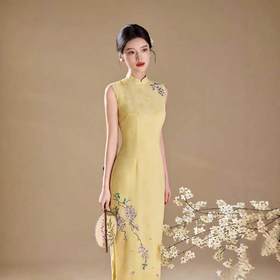 新中式温婉鹅黄无袖改良旗袍雅致紫藤刺绣修身长款温婉气质日常旗袍ME