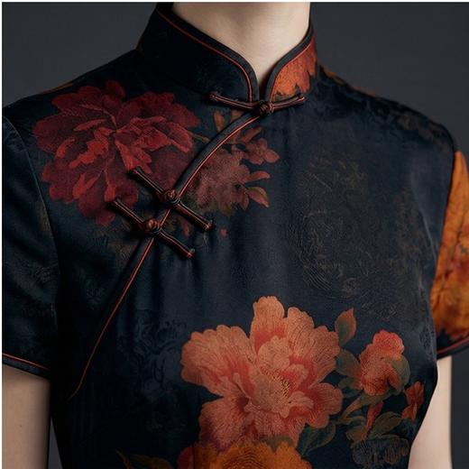 PALUOPO/PL24姆米香云纱春夏立领明艳印花真丝旗袍桑蚕丝连衣裙ES23579Z-A 商品图3