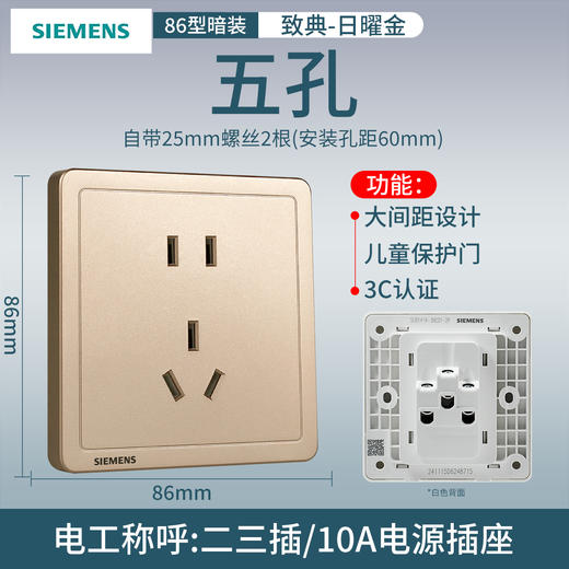 西门子开关插座面板致典日曜金10A五孔插座 商品图0