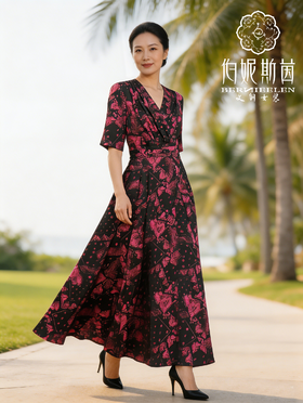 SC2S57_杨妃色_连衣裙_春夏_V 领收腰印花显瘦大摆长裙_高级女装_BERNIEELEN伯妮斯茵