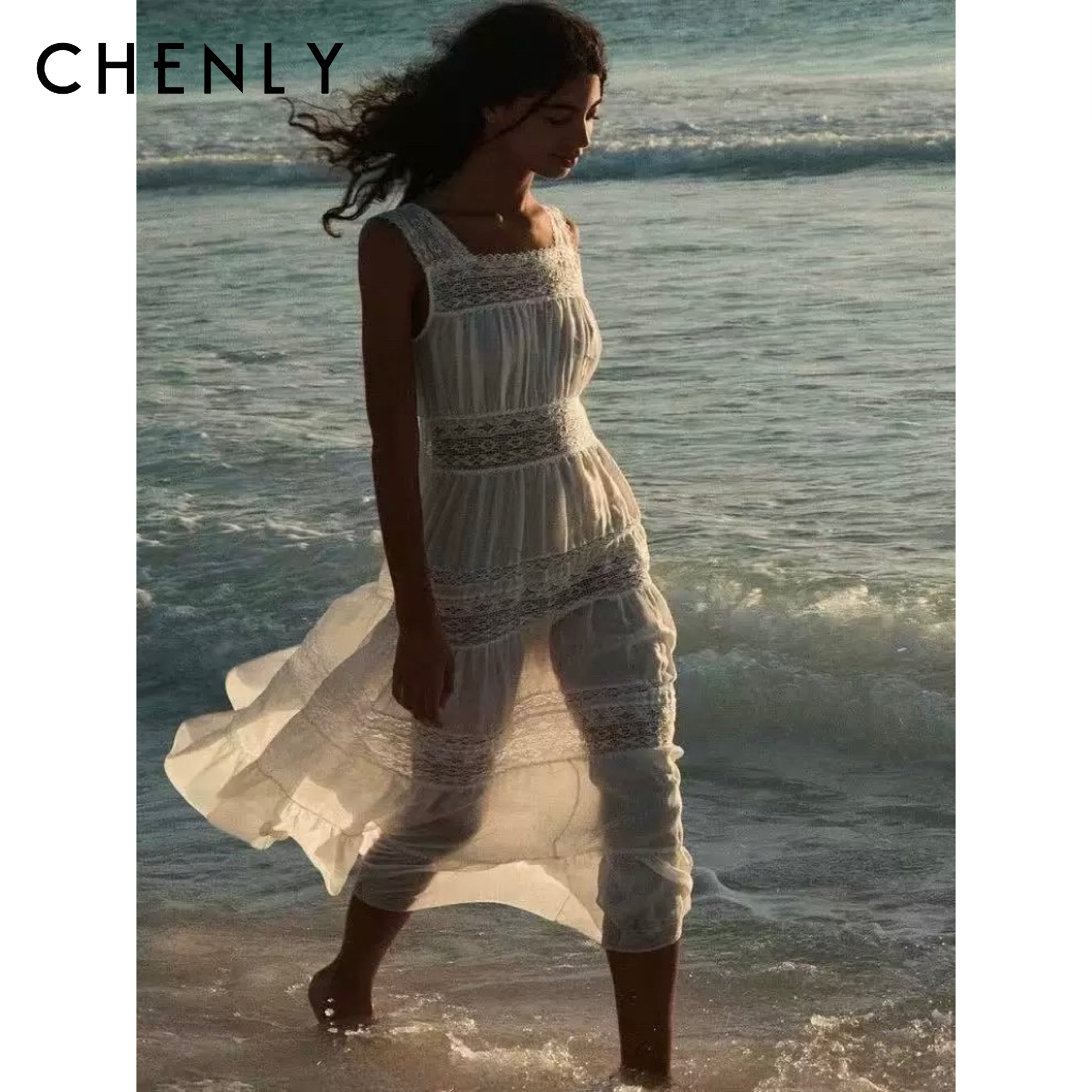 尘衣｜26SS法式蕾丝拼接宽肩连衣裙