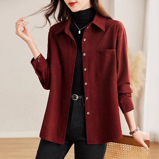 红色灯芯绒衬衫女春季2026新款上衣高级时尚洋气开衫外套女士衬衣 商品图1
