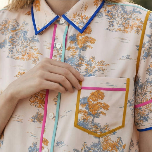 南法SJD/南法SJD/soie jardin3#长相思桑蚕丝双绉印花短袖家居服别致撞色镶边三件套S312 商品图9