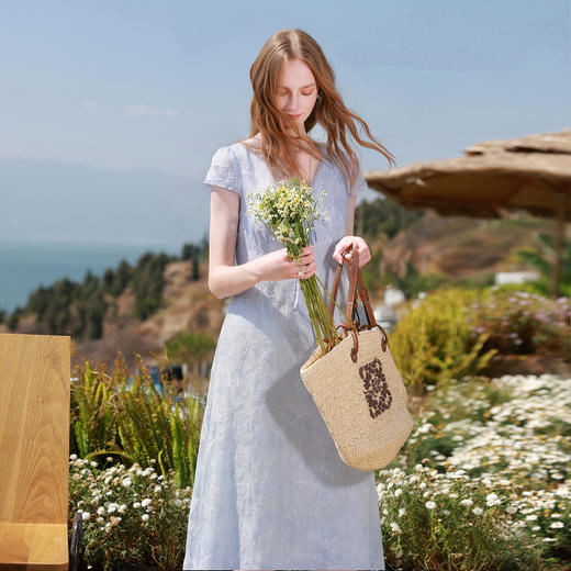 三彩2026夏季新款绣花印花连衣裙法式V领A字裙长裙M 商品图1