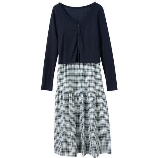 三彩2026夏季新款格纹吊带裙套装针织开衫外套中长裙两件套M 商品图4