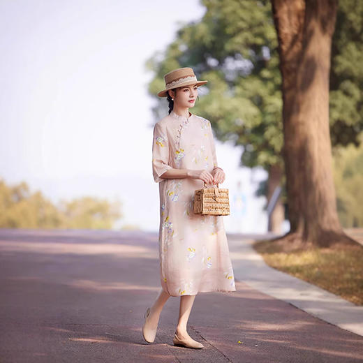 苎麻连衣裙洋气减龄七分袖，立领盘扣印花改良旗袍裙TT-96252 商品图0