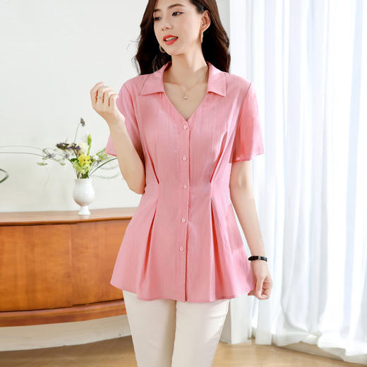 大码宽松遮肚子雪纺衫女2026年夏季新款短袖翻领衬衫女士收腰上衣 商品图0