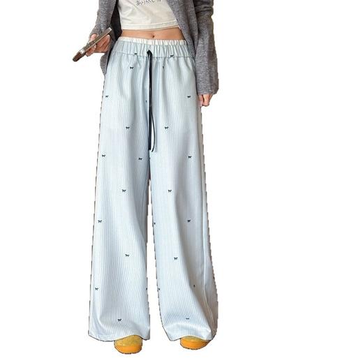 【百搭休闲！舒适亲肤】浅蓝色条纹蝴蝶结印花新上款早春季休闲百搭阔腿裤女高腰长裤。xb 商品图4