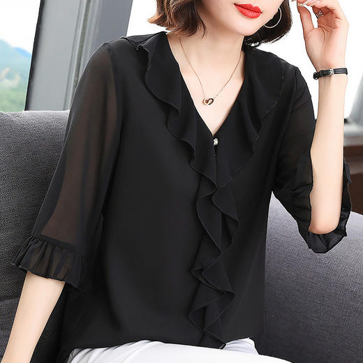 2026新款春季大码雪纺衫女衬衫时尚气质荷叶边小衫女士七分袖衬衣 商品图3