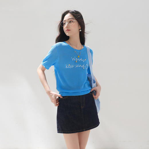 三彩2026夏季新款绣花字母针织衫上衣圆领短袖休闲短款套头M 商品图3