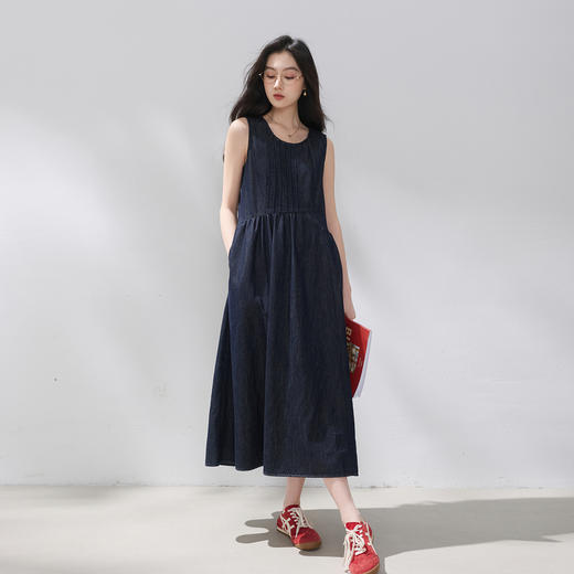 三彩2026夏季新款牛仔连衣裙无袖背心裙宽松A字长裙M 商品图2