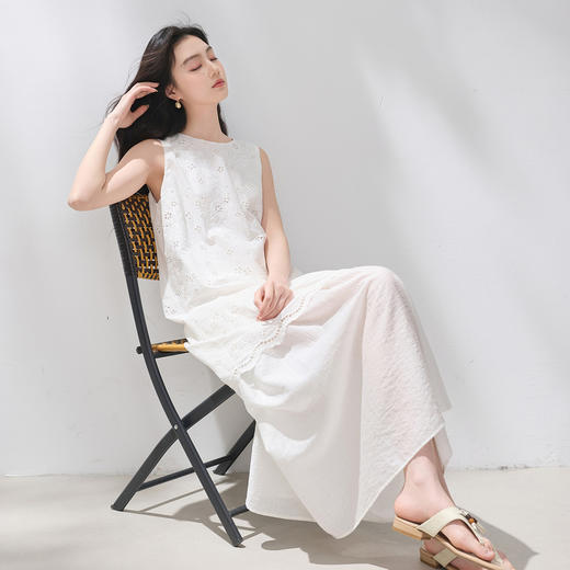【100棉】三彩2026夏季新款假两件连衣裙绣花无袖长裙M 商品图2