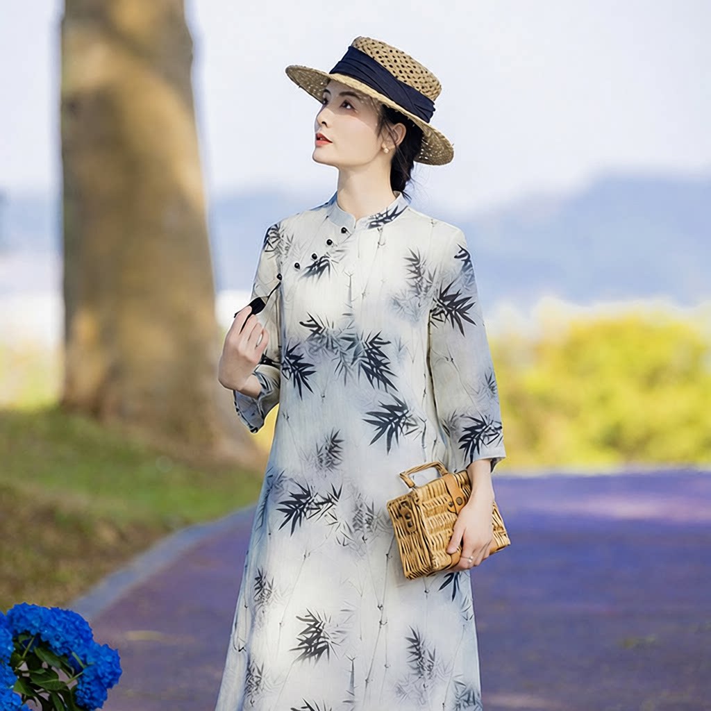 新中式棉麻女装苎麻连衣裙，立领国风复古改良旗袍TT-96222