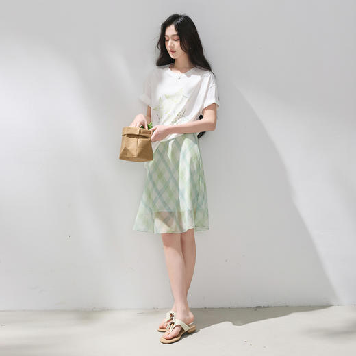 三彩2026夏季新款高腰格纹雪纺裙半身裙A字裙小A字清新度假M 商品图3