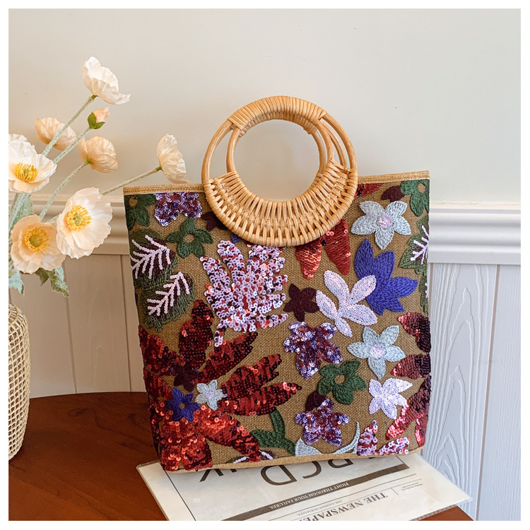 东方美学【新中式国风竹节刺绣手提包包】竹节造型手柄 帆布亚麻刺绣基底  选用高克重天然帆布织物