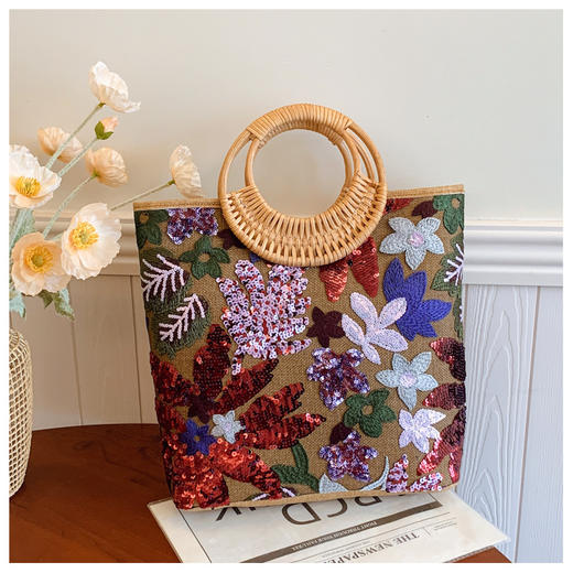东方美学【新中式国风竹节刺绣手提包包】竹节造型手柄 帆布亚麻刺绣基底  选用高克重天然帆布织物 商品图0