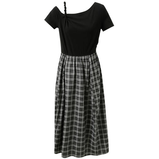 三彩2026夏季新款假两件连衣裙格纹拼接A字裙斜肩长裙M 商品图4