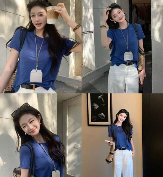 老米优品🎈3-7天。冷白皮天花板！小个子最爱~《克莱因蓝麻棉感短袖T恤》纯正的克莱因蓝，正肩的版型 自带高级感滤镜~ 商品图0