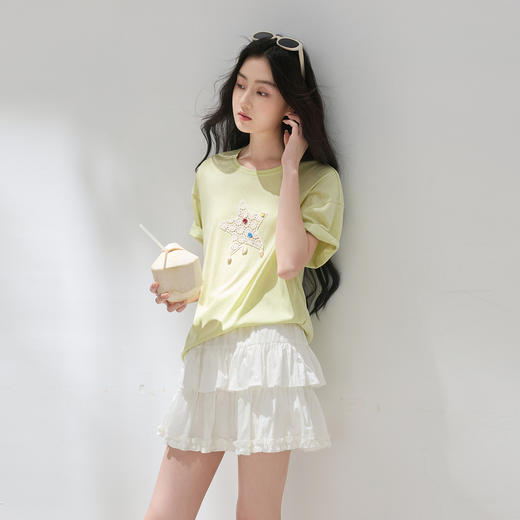 三彩2026夏季新款减龄星星花边贝壳T恤简约宽松落肩袖套头衫M 商品图3