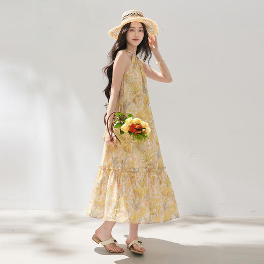 三彩2026夏季新款印花连衣裙挂脖无袖度假长裙宽松大摆M 商品图1