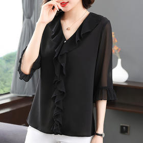 2026新款春季大码雪纺衫女衬衫时尚气质荷叶边小衫女士七分袖衬衣