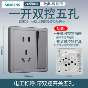 西门子开关插座面板致典深灰银10A五孔插座双控带开关