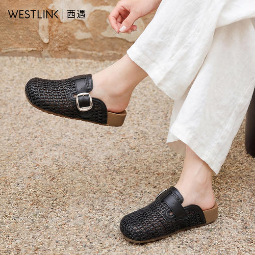 西遇编织包头半拖鞋女2026夏季新款百搭休闲镂空厚底勃肯凉拖鞋V0566374 商品图3