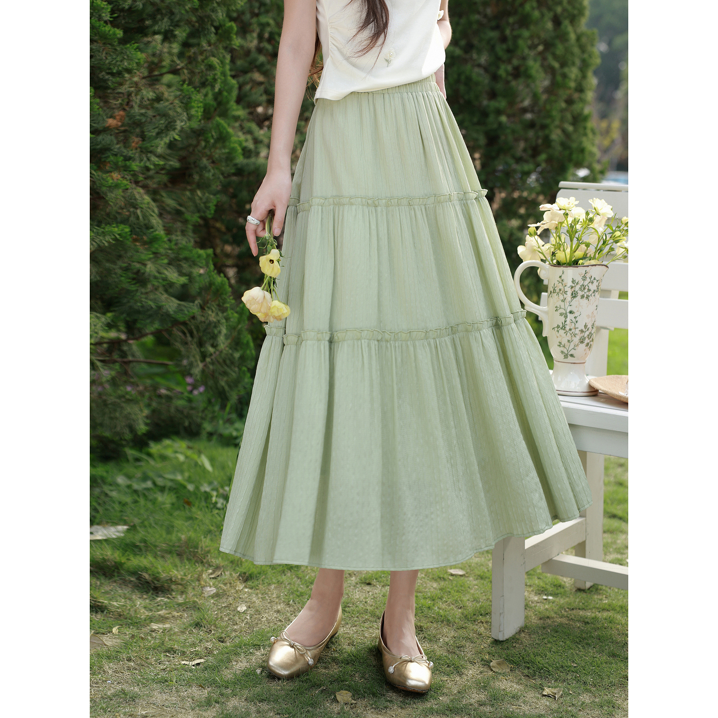 鹿向南「森意清欢」绿色A字半身裙女2026夏季气质艺术感高腰裙子