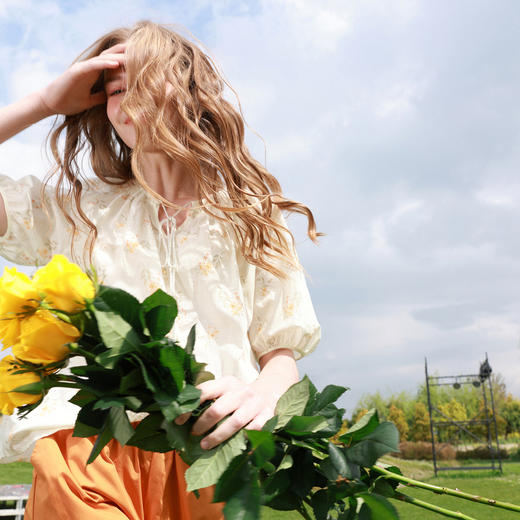 【100棉】三彩2026夏季新款印花绣花小衫宽松系带娃娃衫上衣M 商品图2