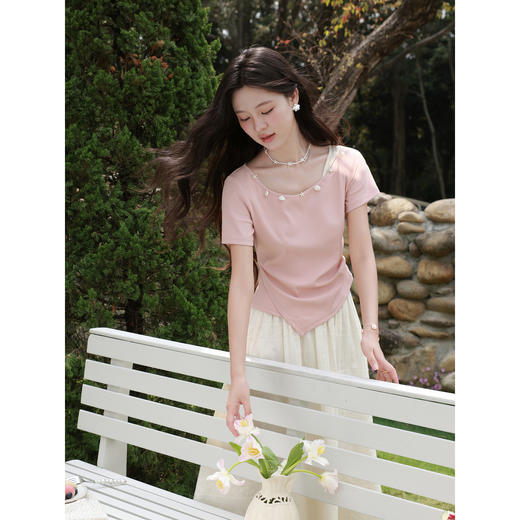 鹿向南「粉屿星眠」粉色圆领短袖T恤夏季新款显瘦百搭气质上衣女 商品图2