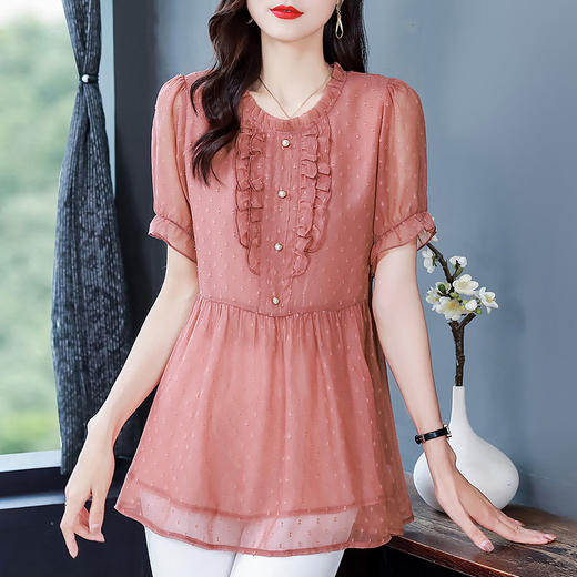 2026夏季新款女短袖遮肚子雪纺衫胖mm中长款宽松大码女装上衣时尚 商品图1