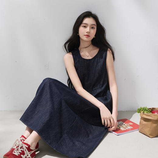 三彩2026夏季新款牛仔连衣裙无袖背心裙宽松A字长裙M 商品图1