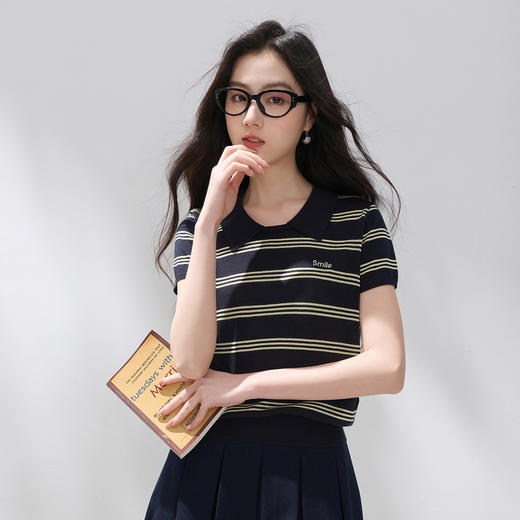 【莱赛尔】三彩2026夏季新款短袖翻领条纹针织衫套头上衣M 商品图2