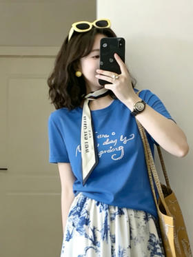 【百图lulu定制】【克莱因蓝T】 设计感  蕾丝字母  圆领  短袖T恤