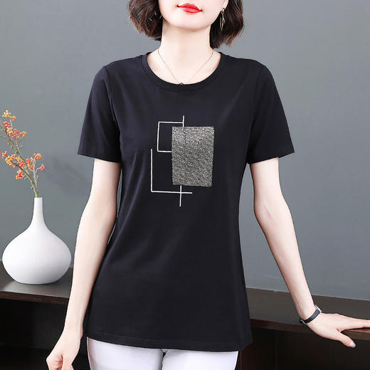 黑色纯棉短袖t恤女夏季新款宽松大码女装夏装圆领中长款上衣百搭 商品图1